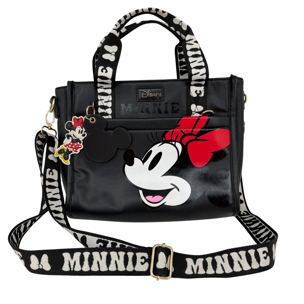 Disney Minnie Mouse Crossbody Tote Bag with Charms Black Graphic Webbing Strap